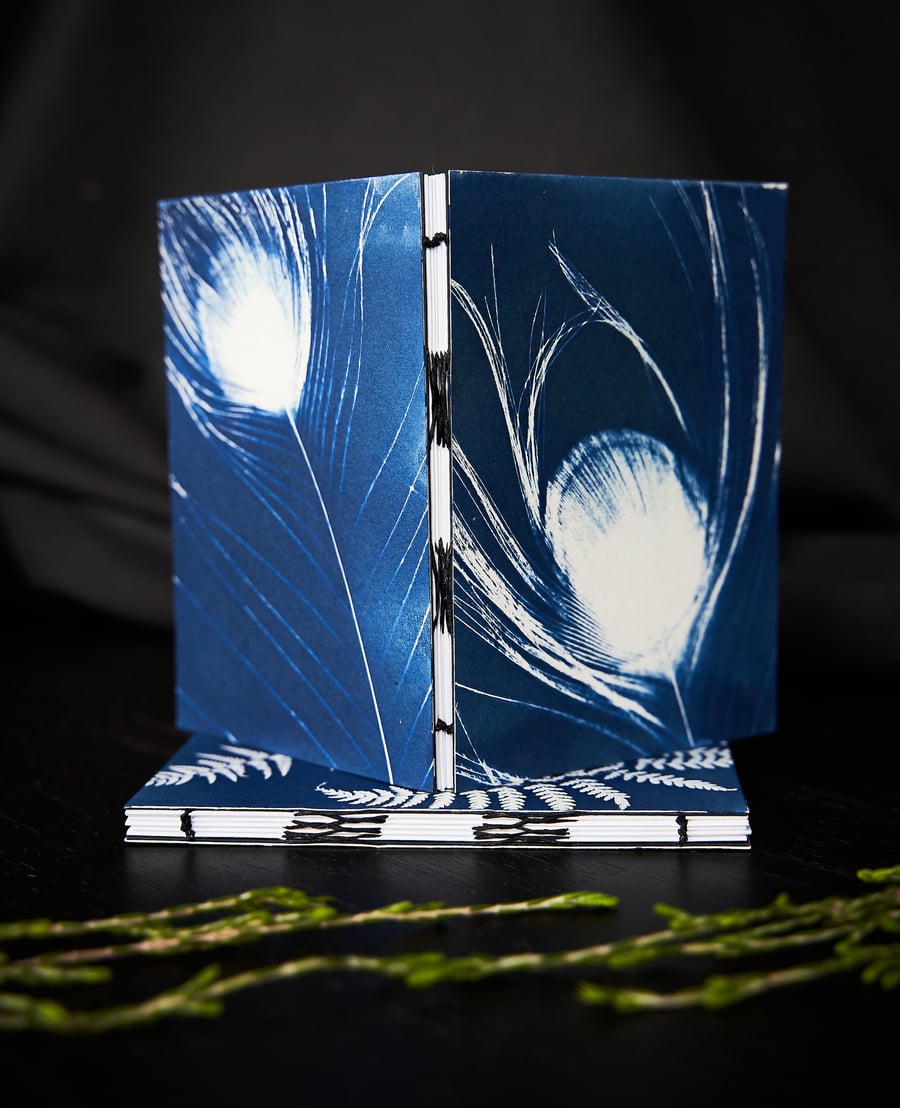 Handmade original cyanotype notebook size A6 or 4.1x5.8 inches “peacock feather”