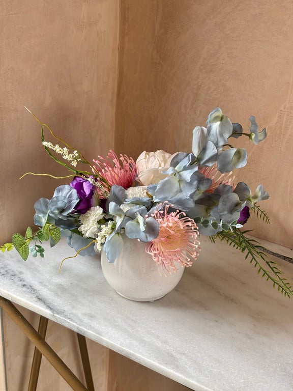 Peony, Sweet Pea and Leucospermum Vase round white vase artificial flowers