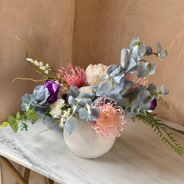 Peony, Sweet Pea and Leucospermum Vase round white vase artificial flowers