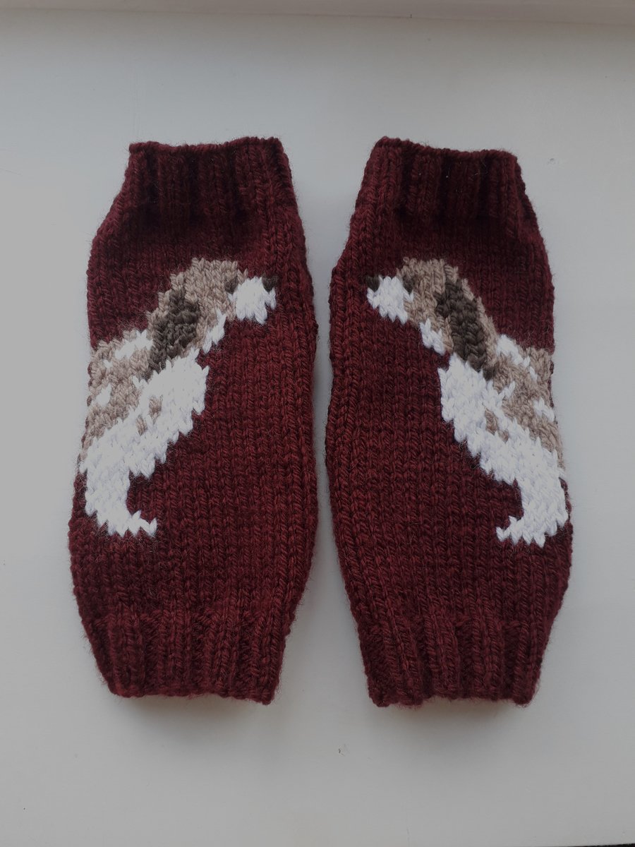 Hand knitted spaniel dog wrist warmers fingerless gloves
