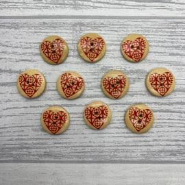 2cm round buttons with red heart design, pack of 10