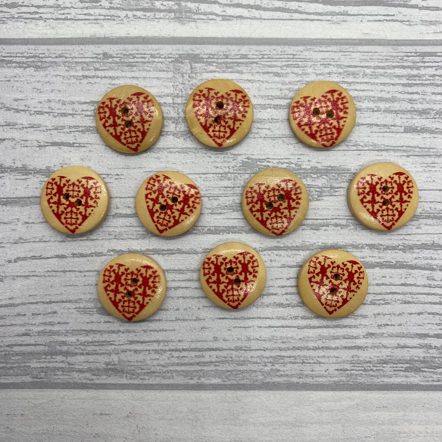 2cm round buttons with red heart design, pack of 10