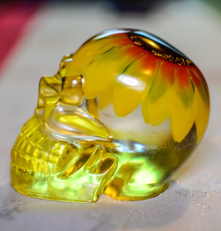 A Taste Of Summer Floral Sunflower Resin Skull Ornament.