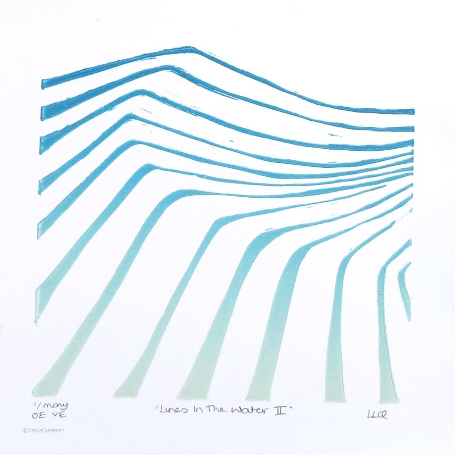 modern minimalist surf wave lino print ombre aqua white abstract coastal art