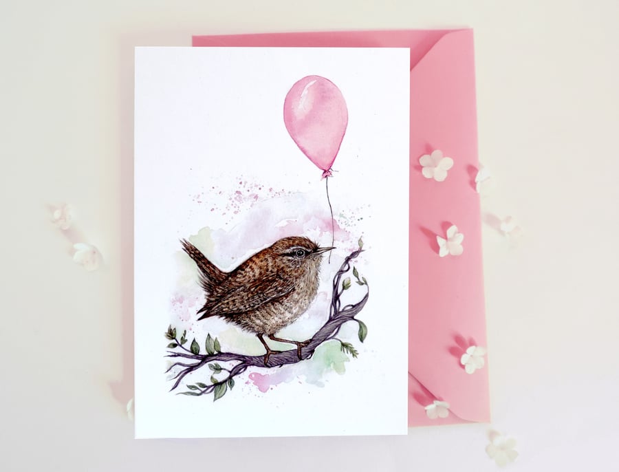 Happy Bird Day Greetings Card Wren Birthday Balloon