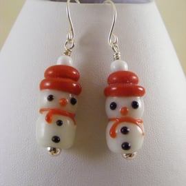 Red and White Lamp Work Snowmen Earrings