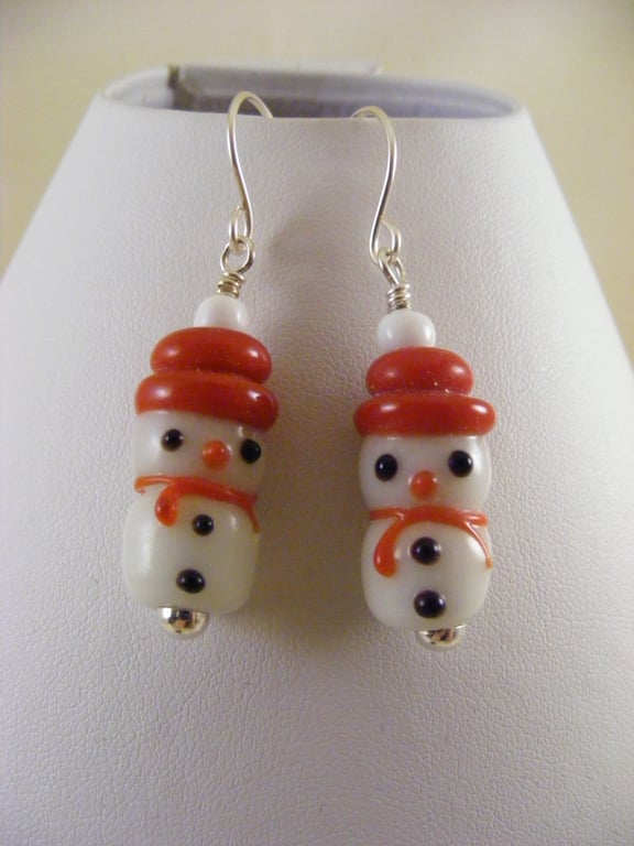 Red and White Lamp Work Snowmen Earrings