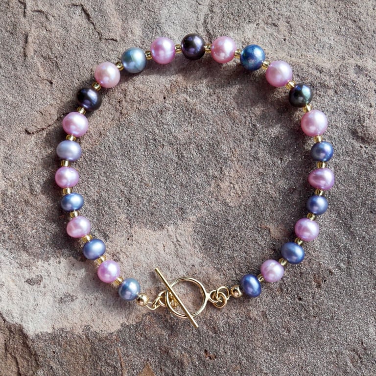 Blue Black and Lilac Pearl Bracelet with a 14k Gold Filled Toggle Clasp