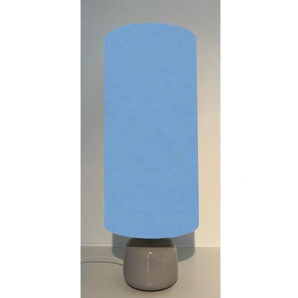 Light blue cotton drum extra tall cylindrical lampshade, with a white lining