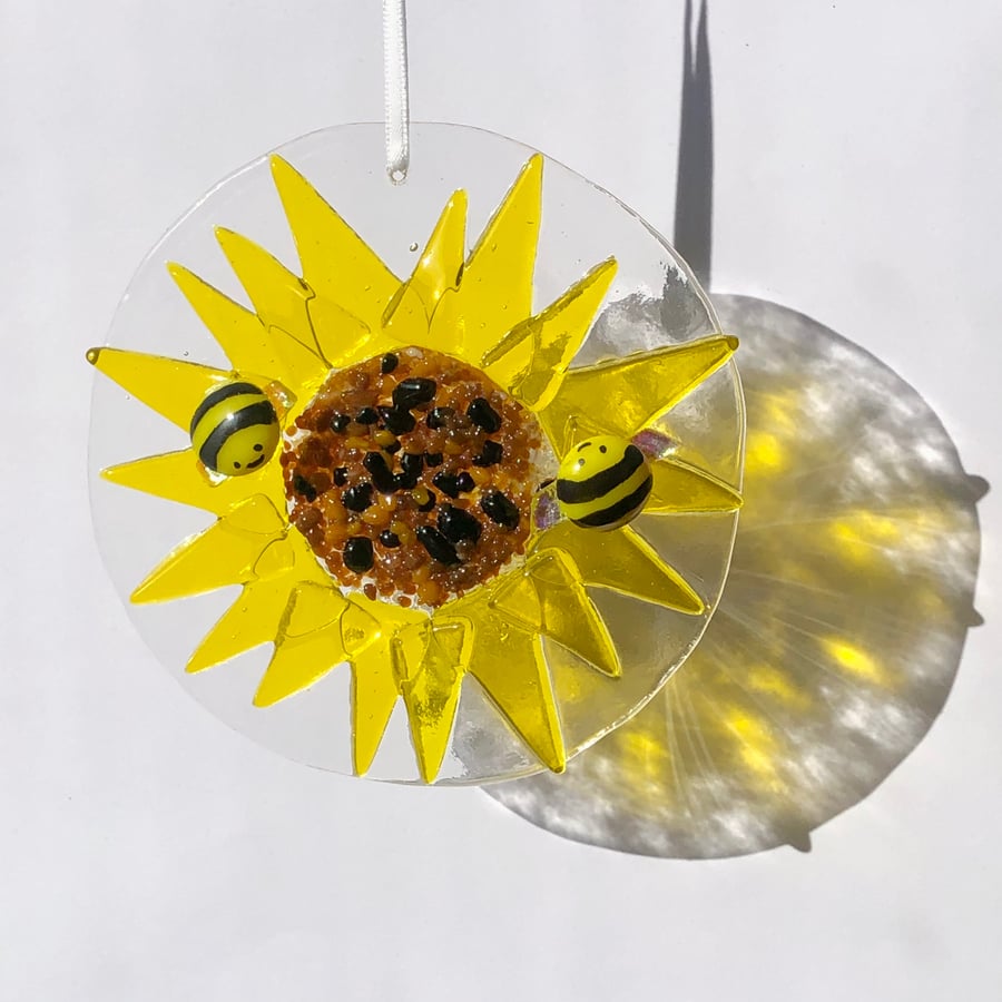 Fused glass sunflower flower sun catcher with 2 bees or without 