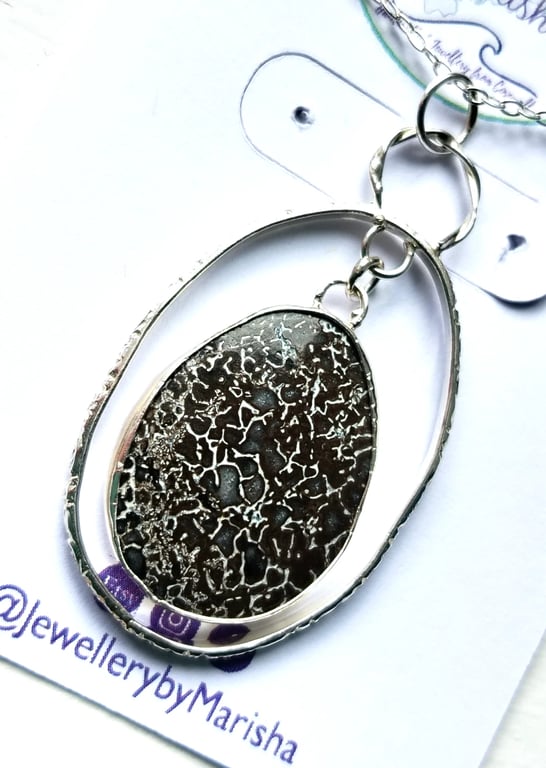 Dinosaur Bone Oval Necklace Recycled Sterling Silver Handmade Jewellery Gift