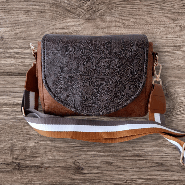 Handmade Brown Faux suede crossbody bag  with dark faux leather flap