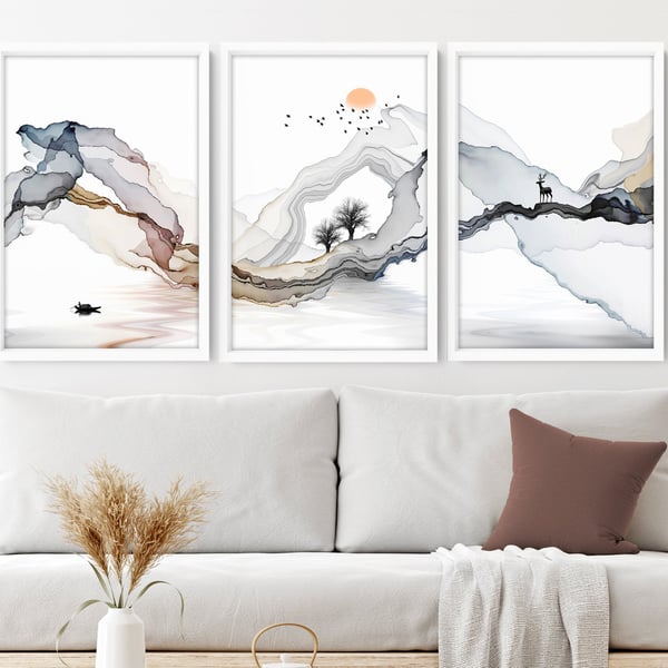 Calming Watercolor Painting Print Set of 3 Minimalist Wall Prints Zen Wall Art M