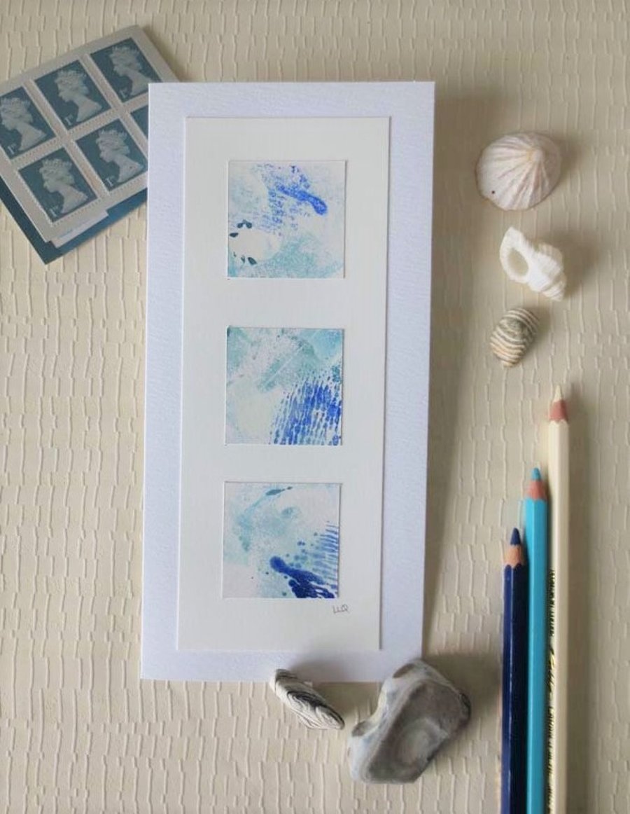 Set of three hand painted abstract art cards inspired by the sea 