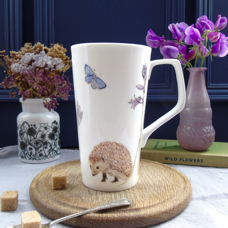 Hedgehog and bluebell bone china Latte Mug