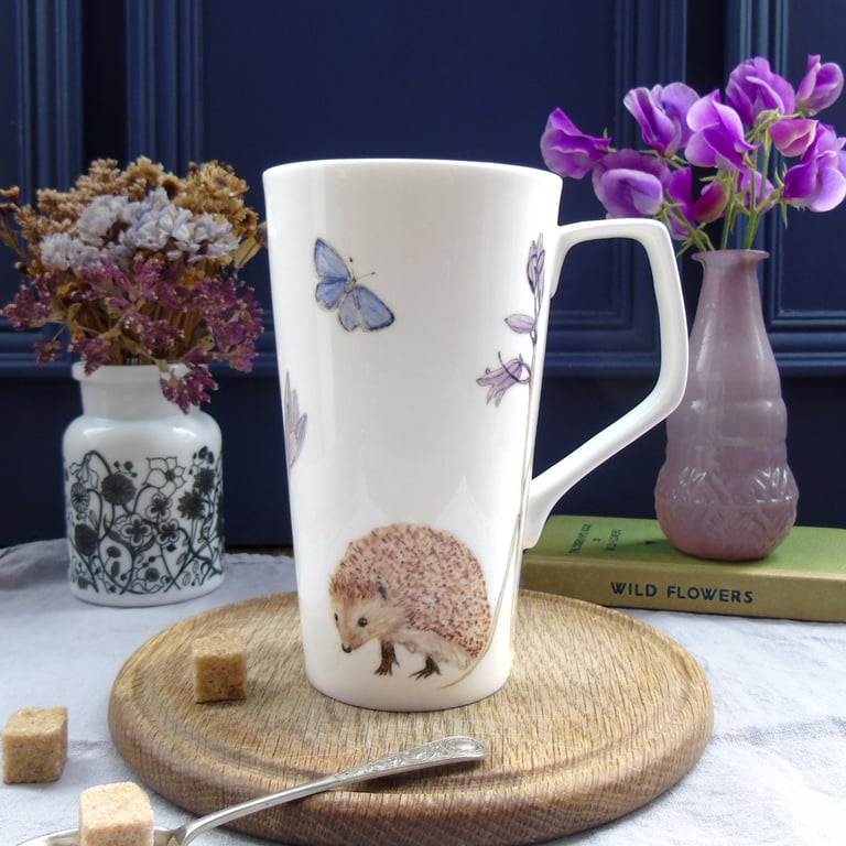 Hedgehog and bluebell bone china Latte Mug
