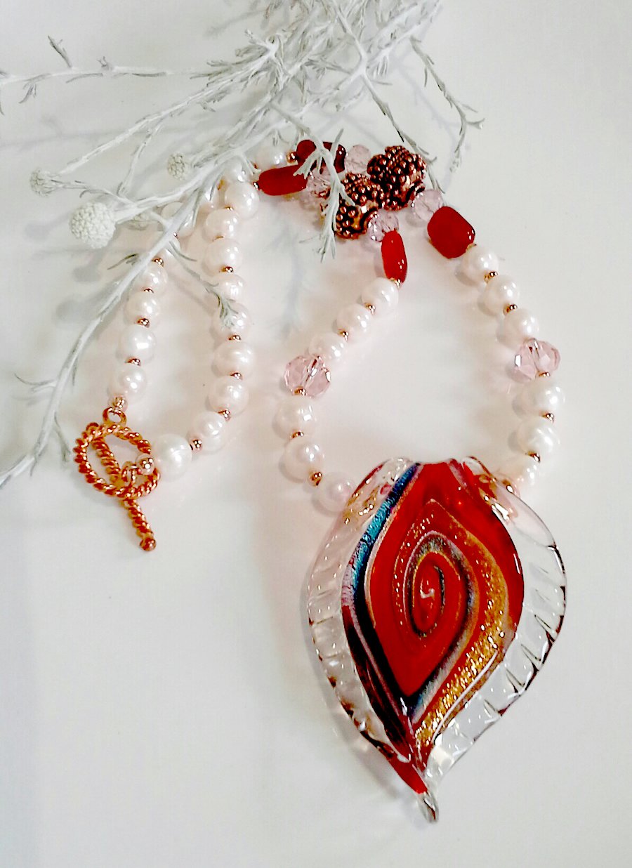 Freshwater Pearl, Carnelian, Crystal,  Fancy Murano Glass & Copper Necklace