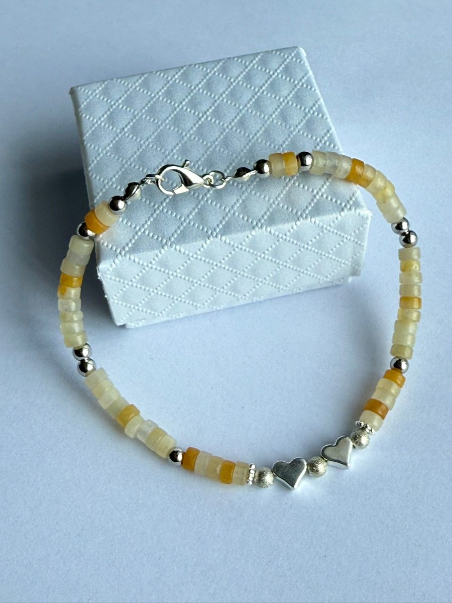 Natural Yellow Topaz Jade Heishi Bracelet with Silver Plated Hearts
