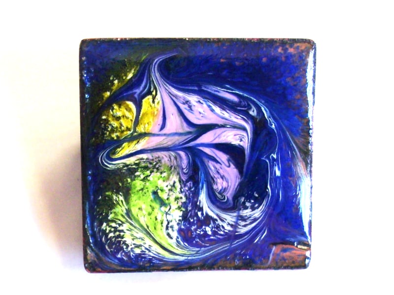 brooch - square: scrolled mauve, yellow, green, white on blue over clear enamel