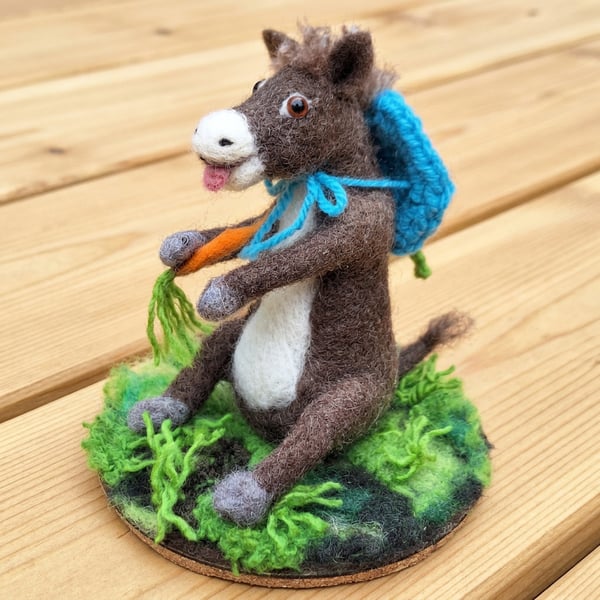 Cute Needle-Felted Donkey Ornament with Crochet Hat on Meadow Base (Upcycled CD)