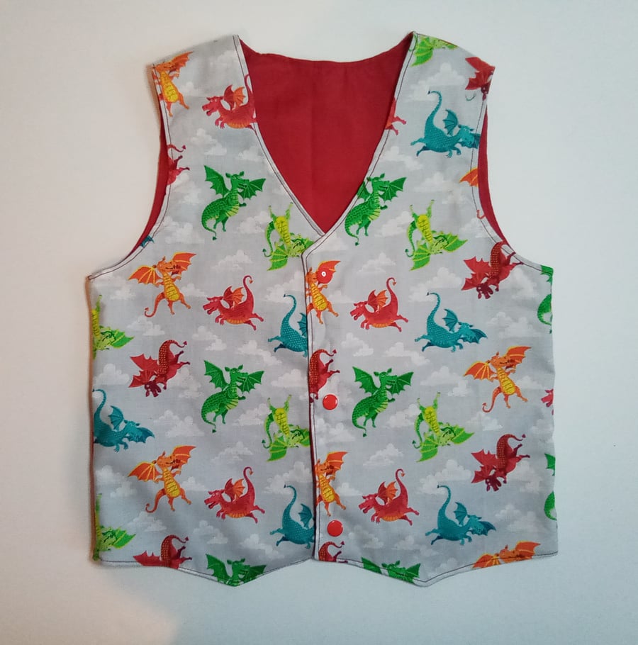Boys waistcoat, Age 5 yrs, reversible waistcoat, Dragon waistcoat, red