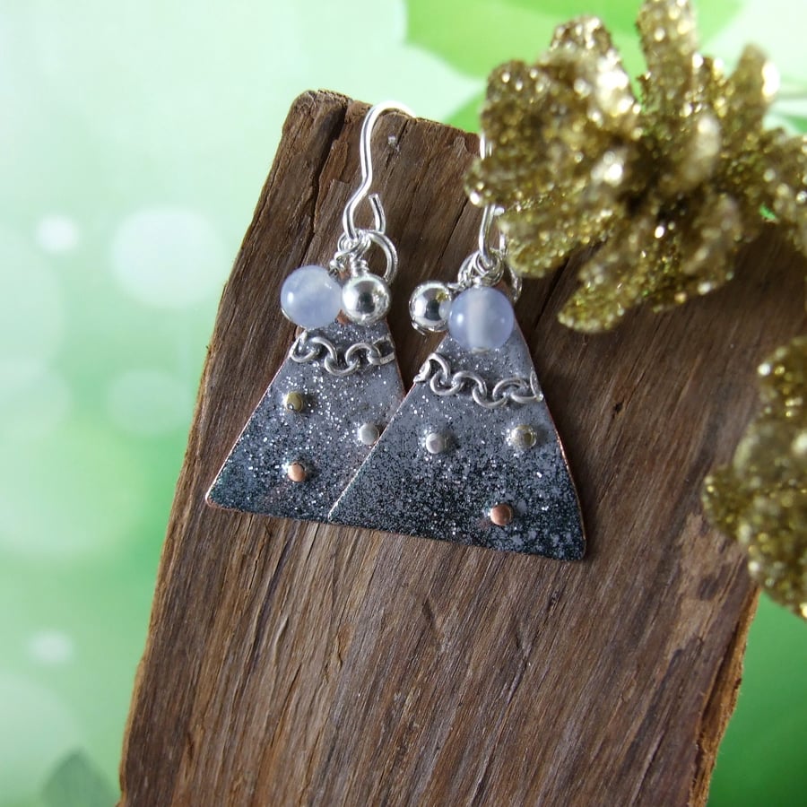 Christmas Earrings, Sterling Silver and Copper with Grey and Silver Enamel
