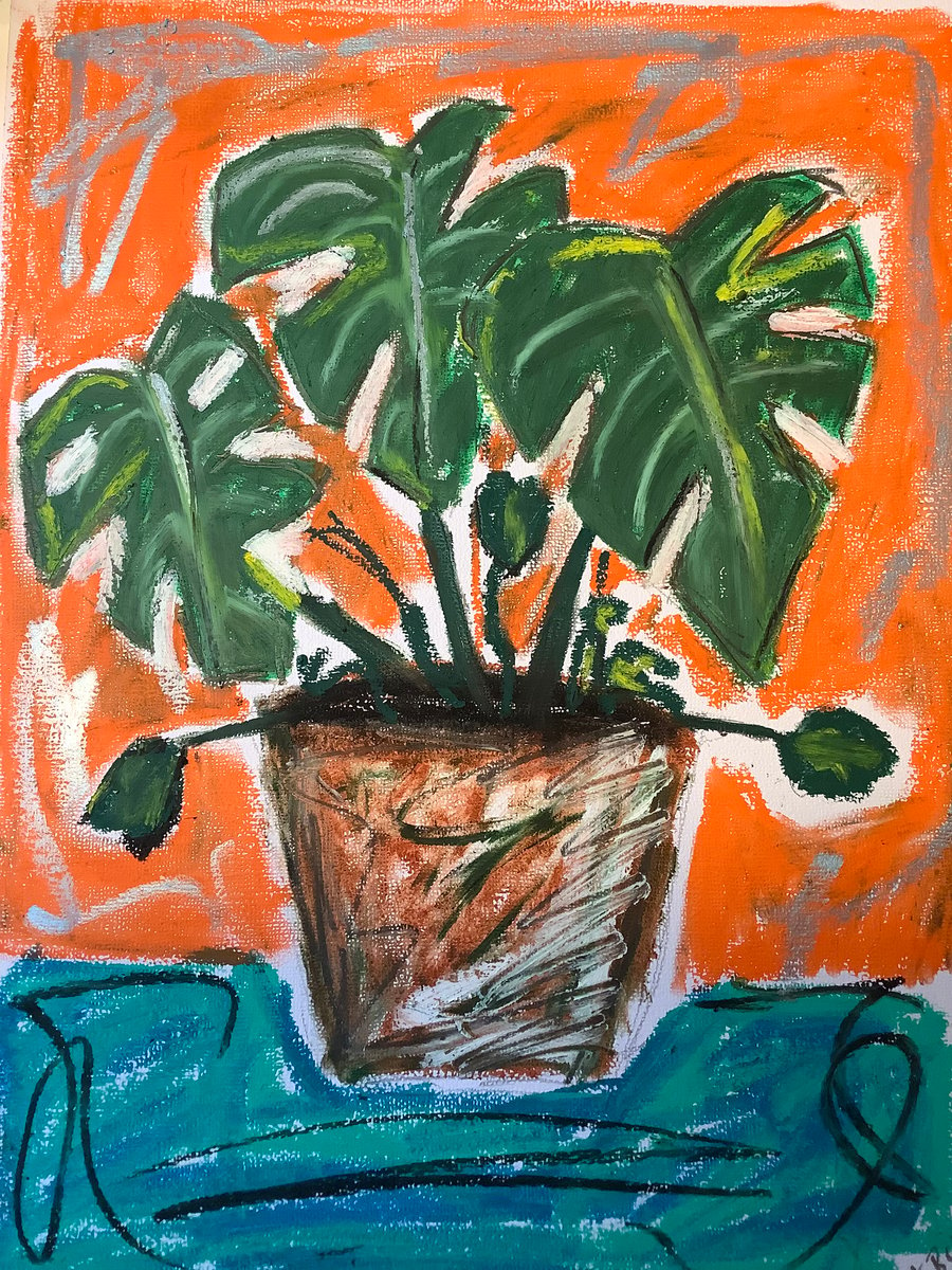 Monstera house plant. Original oil pastel drawing. Plants, nature, flowers. Art 