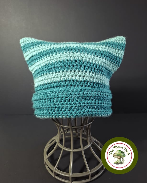 Cat Ear Hat. Striped. Mint and Teal Green Stripes. Handmade. Teen to Adult size.