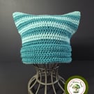 Cat Ear Hat. Striped. Mint and Teal Green Stripes. Handmade. Teen to Adult size.