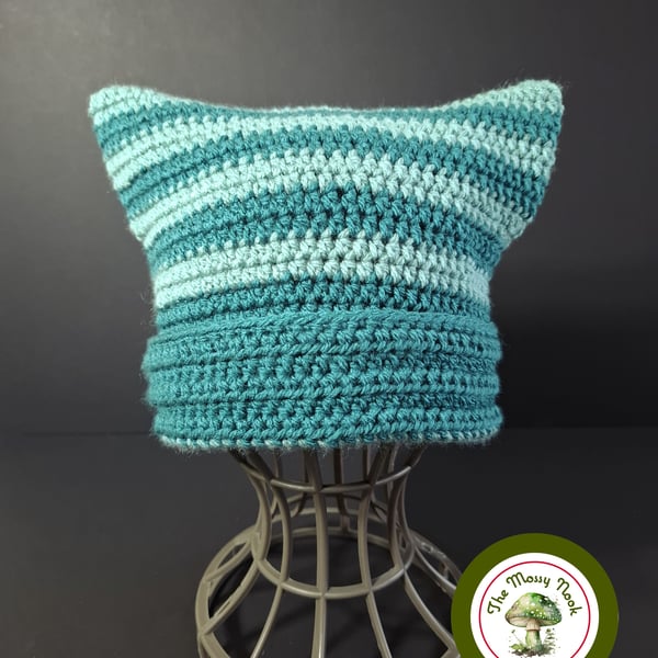 Cat Ear Hat. Striped. Mint and Teal Green Stripes. Handmade. Teen to Adult size.