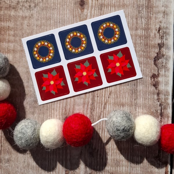 Poinsettia and Christmas Wreath Envelope Stickers - Set of 6