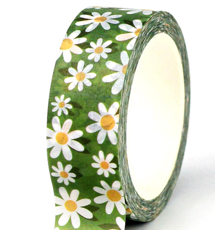 Daisy Flowers 15mm Washi Tape, Floral Decorative Tape, Cards, Journals, 10m