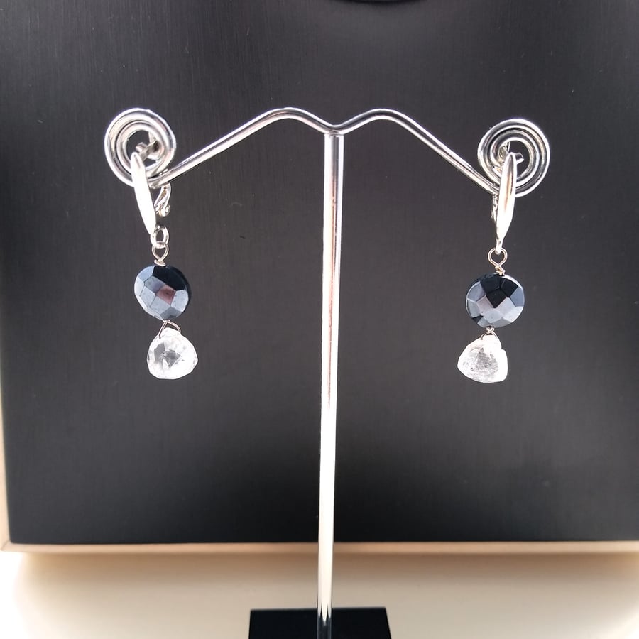 Black Spinel & Clear Quartz 925 Sterling Silver Latchback Drop Earrings
