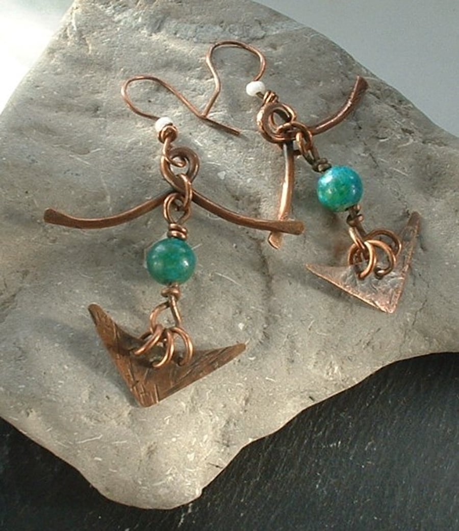 Rustic Copper Anchor Earrings with Blue Azurite Beads