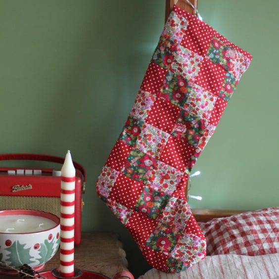 Patchwork stocking made from Liberty berry and floral fabrics. Free postage 