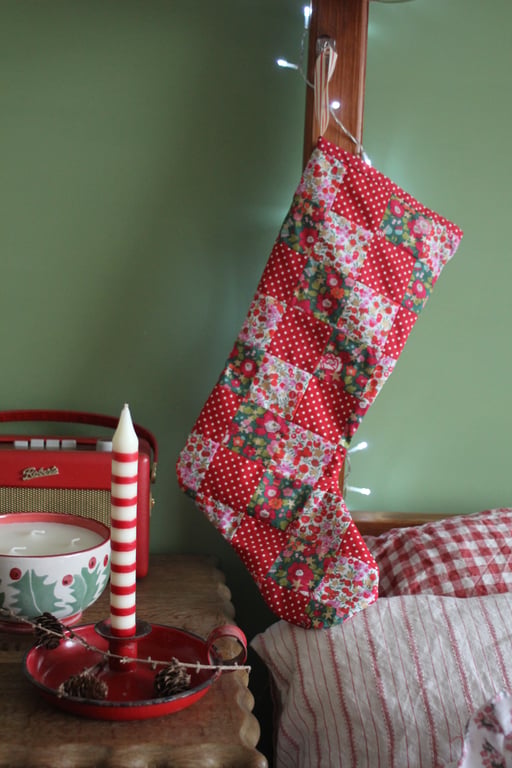 Patchwork stocking made from Liberty berry and floral fabrics