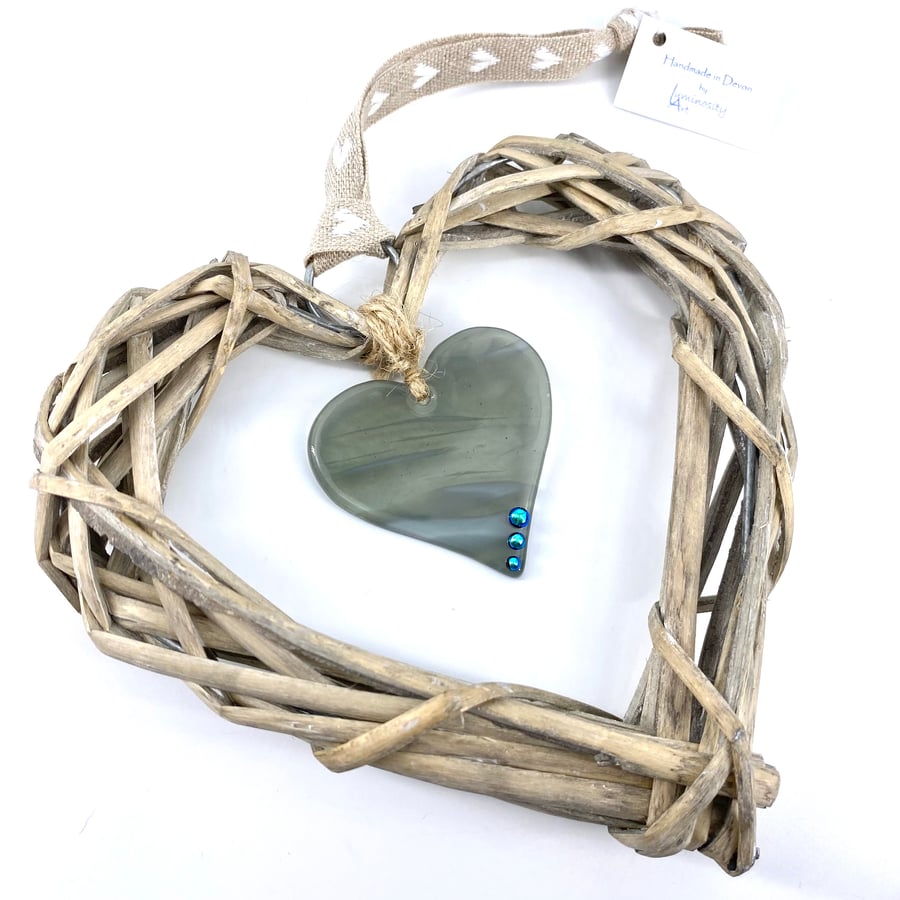 Fused Glass & Wicker Hanging Heart -  Wispy Grey