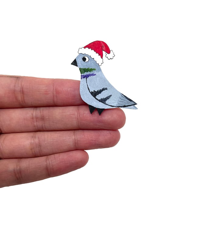Christmas Pigeon Brooch - Handcoloured - Bird Badge