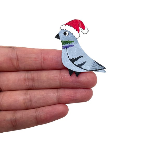 Christmas Pigeon Brooch - Handcoloured - Bird Badge