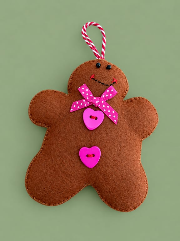 Handmade Felt Gingerbread Christmas Decoration – Hot Pink Hearts & Polka Dot 