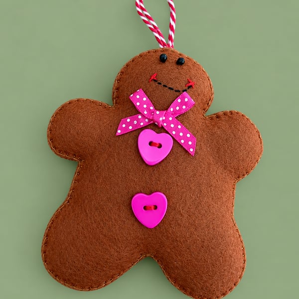Handmade Felt Gingerbread Christmas Decoration – Hot Pink Hearts & Polka Dot 