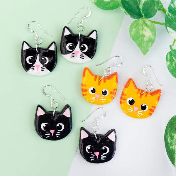Little Black, Black and White, Ginger Cat Polymer Clay Earrings Cat Lover Gift