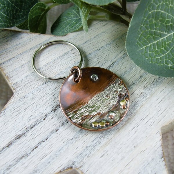 Keyring, Copper and Sterling Silver Moonlight Seascape Bag Charm