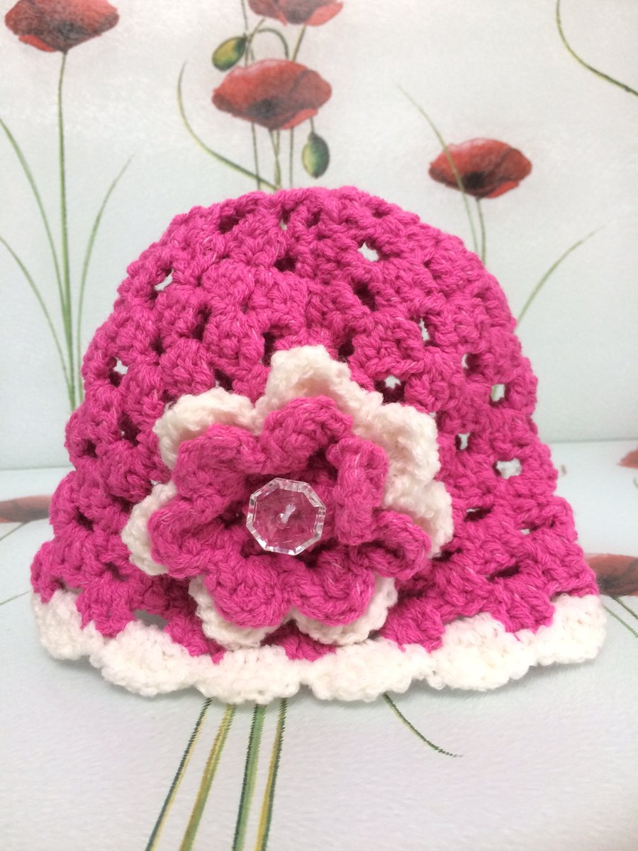 Winter Cerise Pink White Hand Crochet Baby Hat with Flower by Poppy Kay Designs