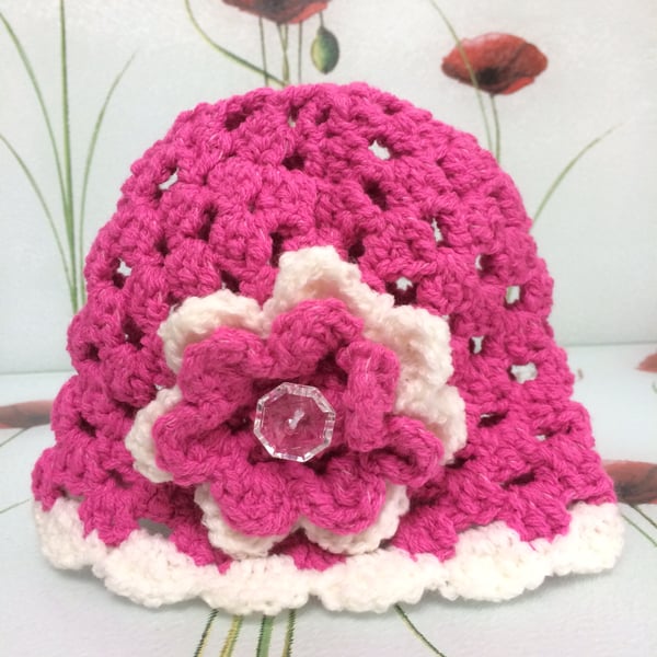 Winter Cerise Pink White Hand Crochet Baby Hat with Flower by Poppy Kay Designs