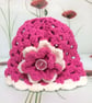 Winter Cerise Pink White Hand Crochet Baby Hat with Flower by Poppy Kay Designs - Image 1