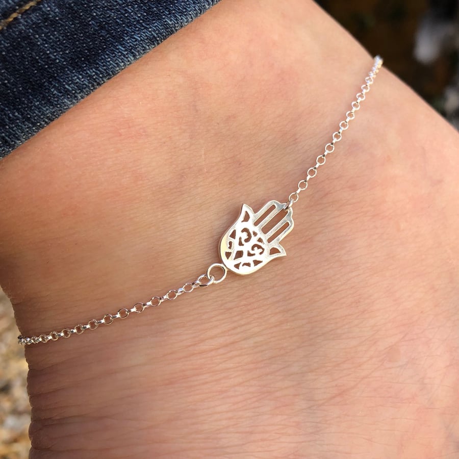 Hamsa Hand sterling silver anklet 10 to 11 inches