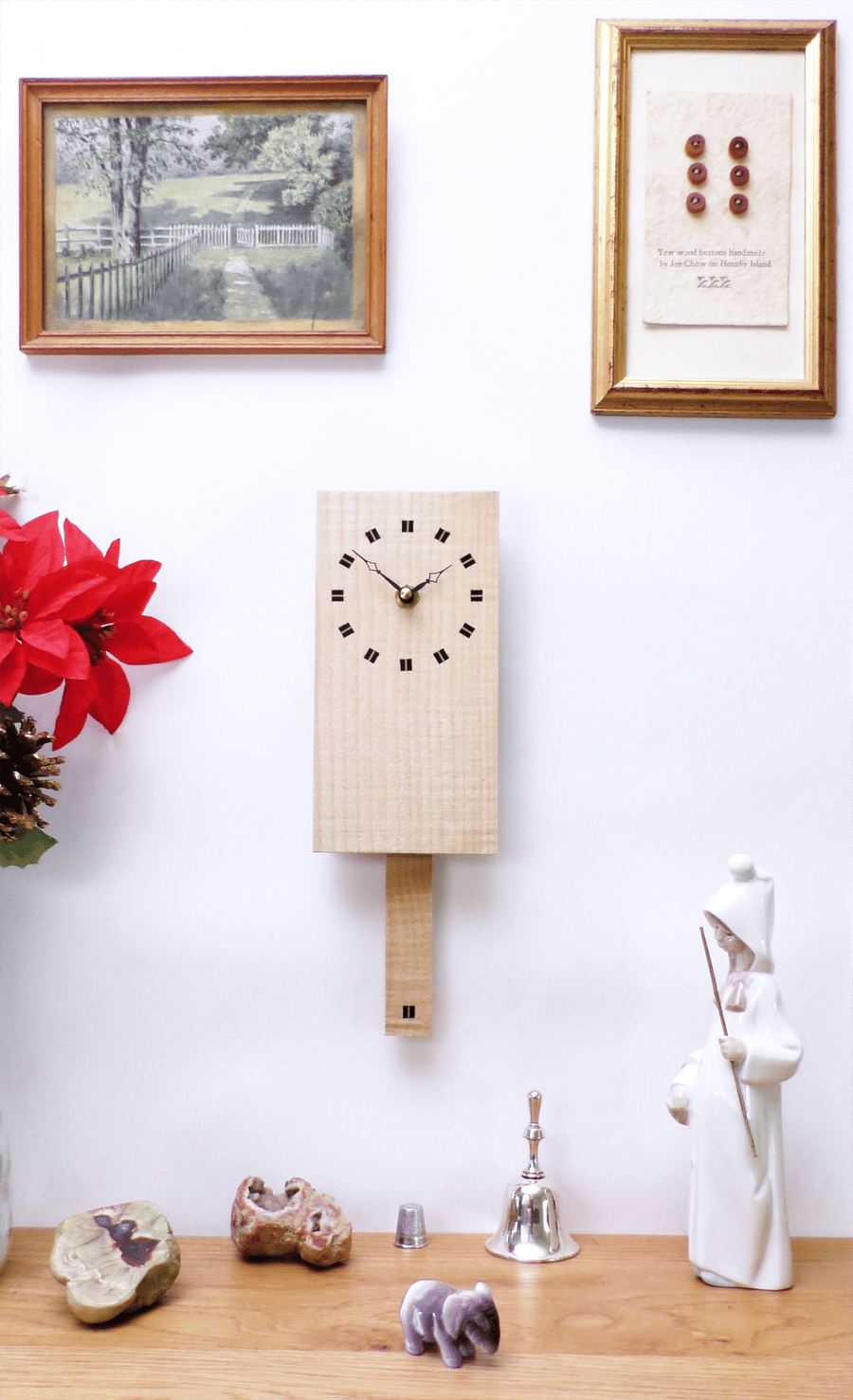 Wooden Pendulum Wall Clock in ripple sycamore & inlaid ebony Squares