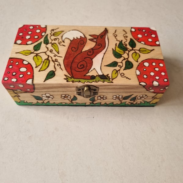 Wood box hand painted lined box tarot cards, trinket, fox with mushroom fungi