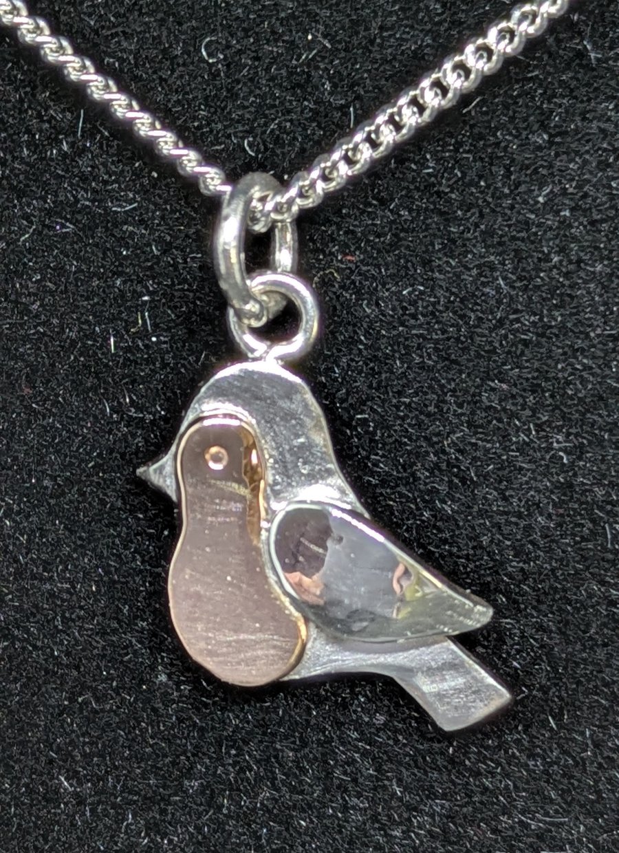 Robin pendant, Sterling silver and red gold robin necklace, Robins